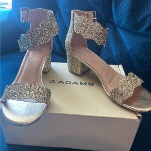 Women's Gold Glitter Block Heel Sandals with Ankle Strap